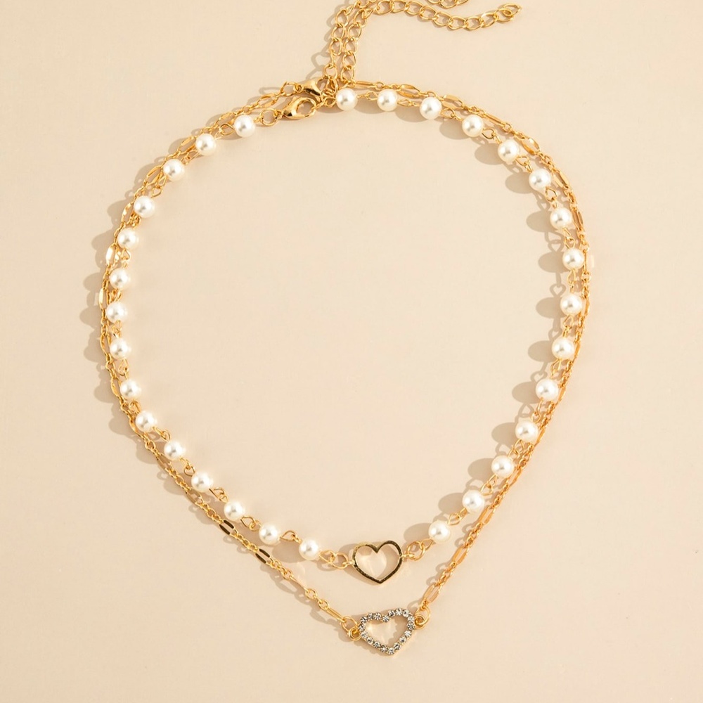 Boho Gold Tone Multilayer Faux Pearl Heart Necklace - Picture 3 of 4